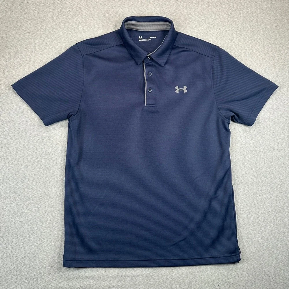 Under Armour Polo Shirt Men Medium Navy Blue Micro Stripe Loose Fit Short Sleeve